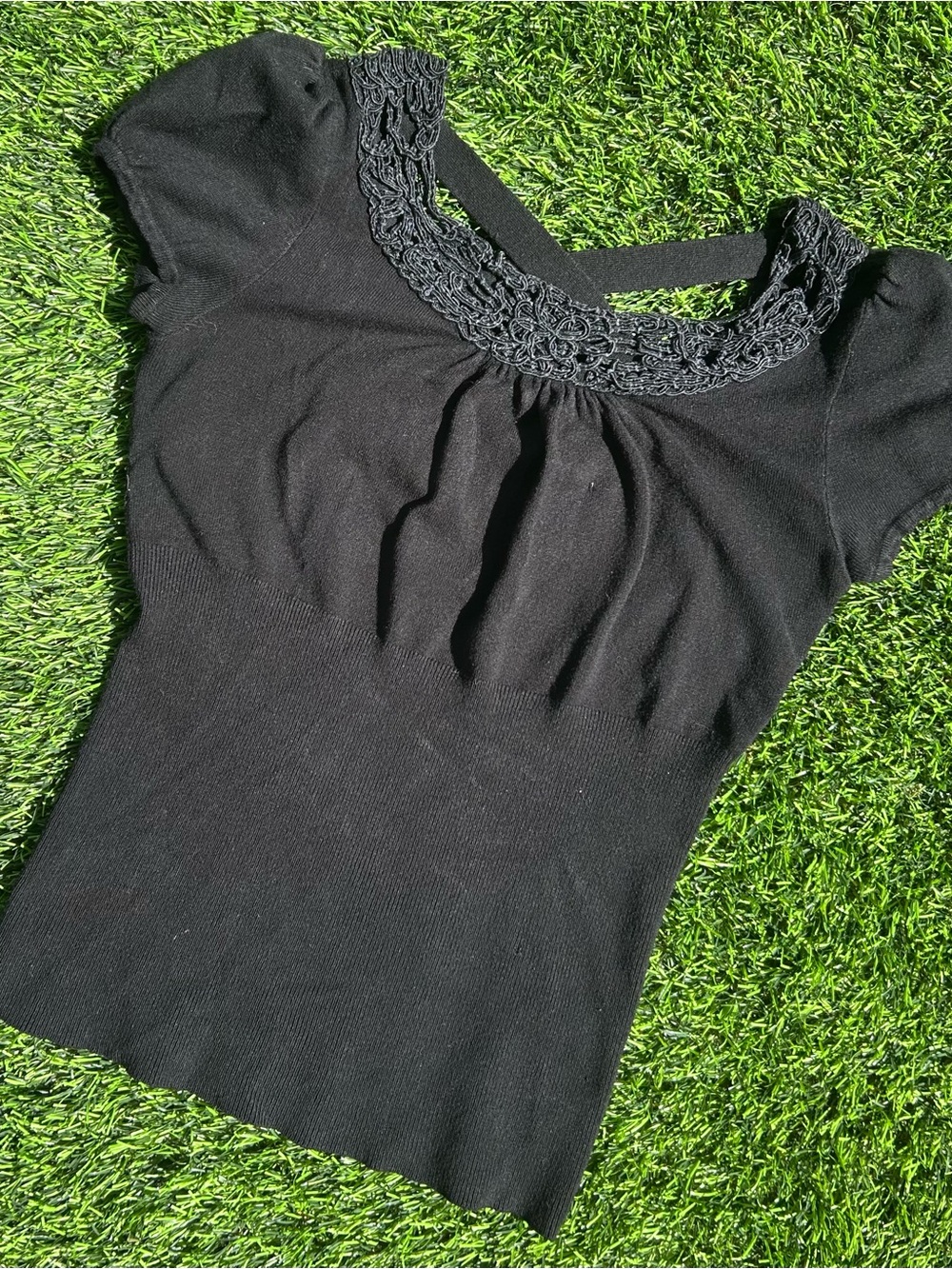 Black Women's Knit Scoop Neck Top with Lace Trim